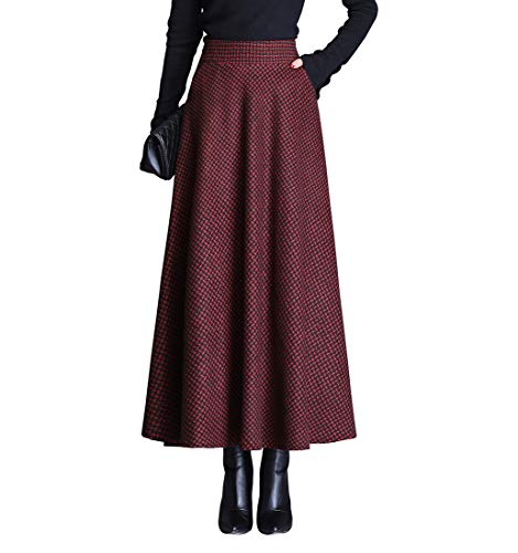 Damen Vintage Houndstooth Wollrock hohe Taille Langen röcke Warm Wolle Retro Elegant Winterrock Herbst Elastische Taille Rock (3XL (Taille: 84-90 cm), Rotwein) von BiilyLi