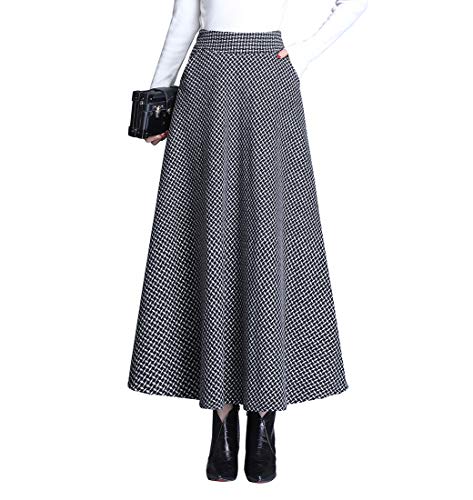 Damen Vintage Houndstooth Wollrock hohe Taille Langen röcke Warm Wolle Retro Elegant Winterrock Herbst Elastische Taille Rock (M (Taille: 68-74 cm), Schwarz-weiß) von BiilyLi