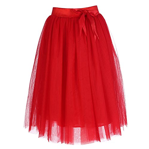 Damen Vintage Tüll Knielang Petticoat Unterrock Reifrock für Hochzeit Brautkleid Retro Prinzessin Tutu Rock Tüllrock Faltenrock mit Schleife zu Party Fest (Rot, 3XL（Flexible Taille82-96cm）) von BiilyLi