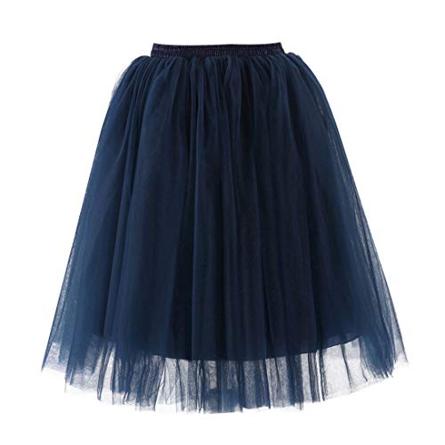 BiilyLi Damen Vintage Tüll Knielang Petticoat Unterrock Reifrock für Hochzeit Brautkleid Retro Prinzessin Tutu Rock Tüllrock Faltenrock mit zu Party Fest (Dunkelblau) von BiilyLi