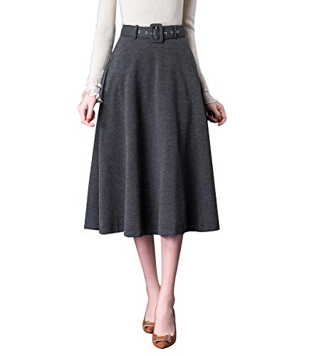 Damen Vintage Wollrock hohe Taille Midi röcke Warm Wolle Winterrock Herbst Feste Farbe Rock Passenden Gurt (L (Taille: 72 cm,Länge: 75cm), Grau) von BiilyLi