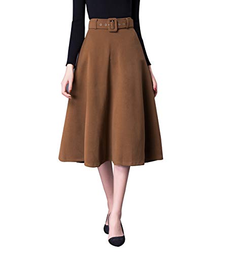 Damen Vintage Wollrock hohe Taille Midi röcke Warm Wolle Winterrock Herbst Feste Farbe Rock Passenden Gurt (L (Taille: 72 cm,Länge: 75cm), Khaki) von BiilyLi