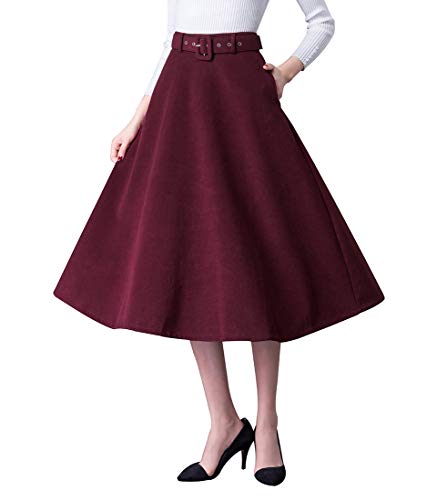 Damen Vintage Wollrock hohe Taille Midi röcke Warm Wolle Winterrock Herbst Feste Farbe Rock Passenden Gurt (L (Taille: 72 cm,Länge: 75cm), Weinrot) von BiilyLi