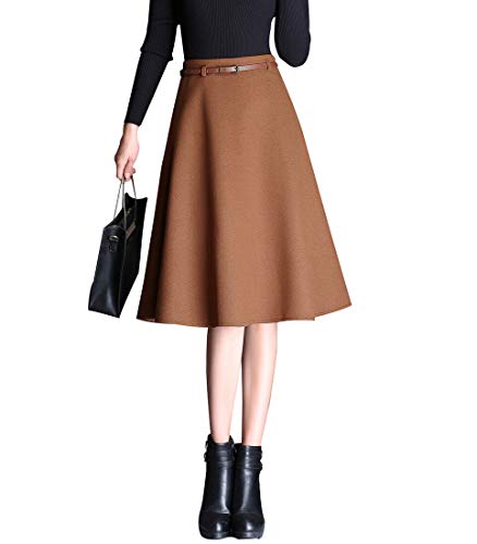 Damen Vintage Wollrock hohe Taille knielange röcke Wolle Retro Elegant Winterrock Herbst Rock (L, Khaki) von BiilyLi