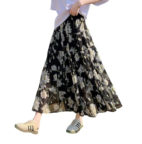 Rock Damen Lang Chiffon Hohe Taille Maxirock Elegant Bohemien Röcke A-Linie Urlaub Sommerrock Faltenrock Black XL von BiilyLi