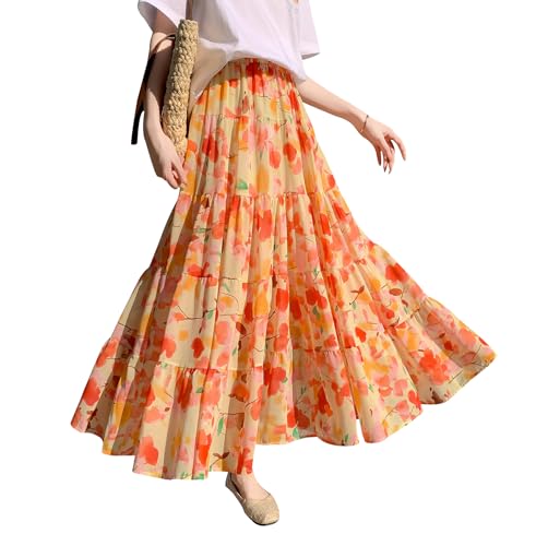 Rock Damen Lang Chiffon Hohe Taille Maxirock Elegant Bohemien Röcke A-Linie Urlaub Sommerrock Faltenrock Orange XL von BiilyLi