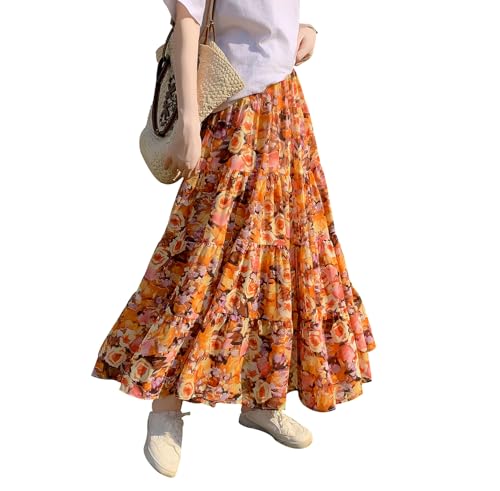 Rock Damen Lang Chiffon Hohe Taille Maxirock Elegant Bohemien Röcke A-Linie Urlaub Sommerrock Faltenrock Orange XL von BiilyLi