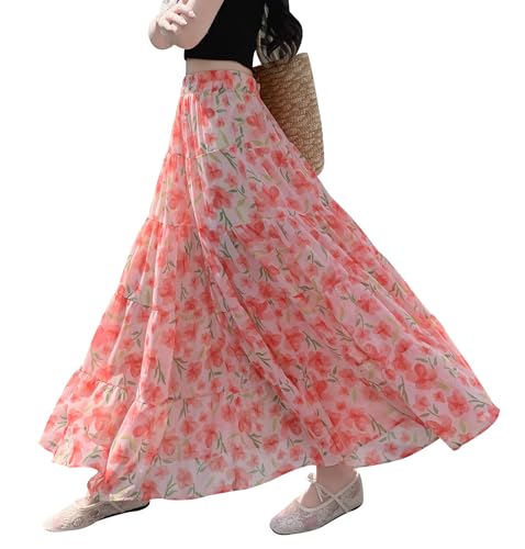 Rock Damen Lang Chiffon Hohe Taille Maxirock Elegant Bohemien Röcke A-Linie Urlaub Sommerrock Faltenrock Pink XL von BiilyLi