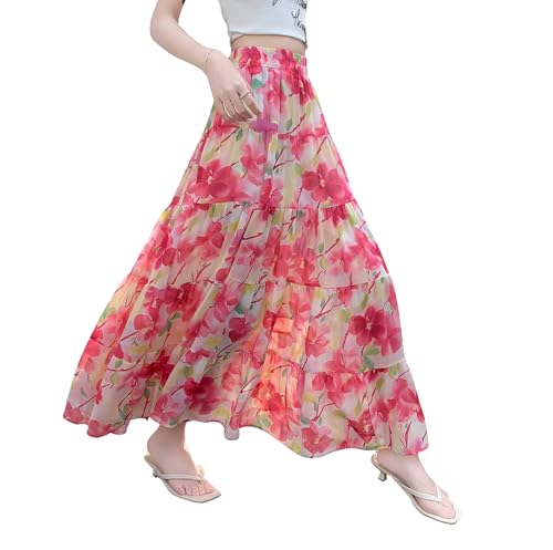 Rock Damen Lang Chiffon Hohe Taille Maxirock Elegant Bohemien Röcke A-Linie Urlaub Sommerrock Faltenrock Pink XL von BiilyLi