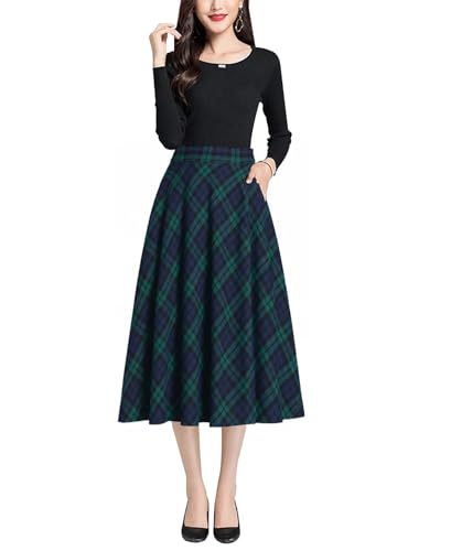 Rock Damen Lang Elegant Hohe Taille Winterrock A-Linie Röcke Wollrock Midirock Freizeitrock Herbst Skirts 1062 Grün -L(Elastische Taille: 78 cm) von BiilyLi