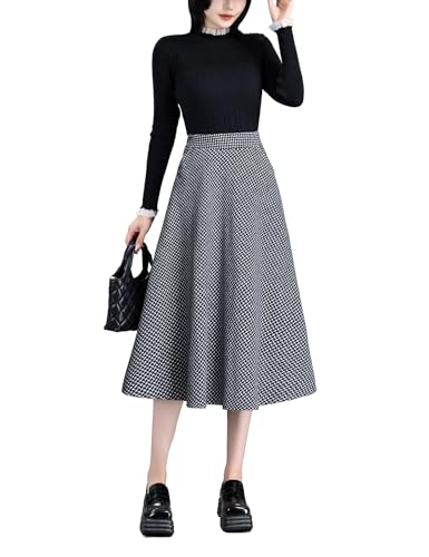 Rock Damen Lang Elegant Hohe Taille Winterrock A-Linie Röcke Wollrock Midirock Freizeitrock Herbst Skirts 1158 Schwarz -S(Elastische Taille: 66 cm) von BiilyLi