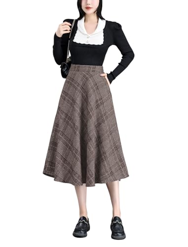 Rock Damen Lang Elegant Hohe Taille Winterrock A-Linie Röcke Wollrock Midirock Freizeitrock Herbst Skirts 1930 Khaki -M(Elastische Taille: 73 cm) von BiilyLi