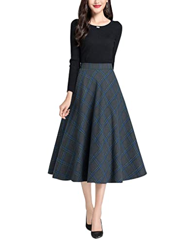 Rock Damen Lang Elegant Hohe Taille Winterrock A-Linie Röcke Wollrock Midirock Freizeitrock Herbst Skirts 1955 Grau Blau -S(Elastische Taille: 66 cm) von BiilyLi