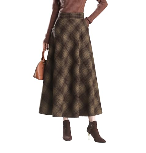 Rock Damen Lang Elegant Kariert Winterrock Wollrock Hohe Taille Maxirock A-Linie röcke Herbst Faltenrock 8074 Khaki S von BiilyLi