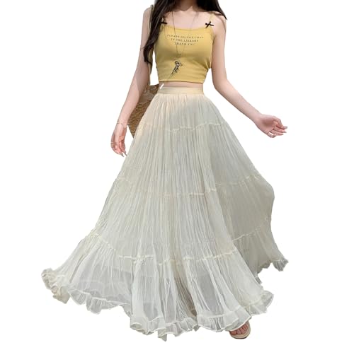 Rock Damen Lang Hohe Taille Niedlicher Röcke Elegant A-Linie Schichtung Boho Fließende Maxirock Apricot S von BiilyLi