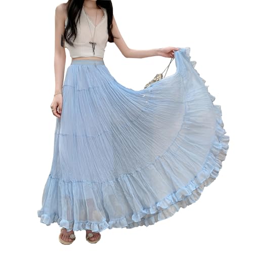 Rock Damen Lang Hohe Taille Niedlicher Röcke Elegant A-Linie Schichtung Boho Fließende Maxirock Blau M von BiilyLi