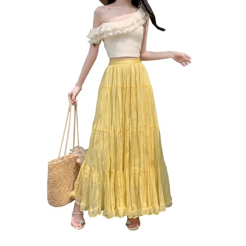 Rock Damen Lang Hohe Taille Niedlicher Röcke Elegant A-Linie Schichtung Boho Fließende Maxirock Gelb XS von BiilyLi