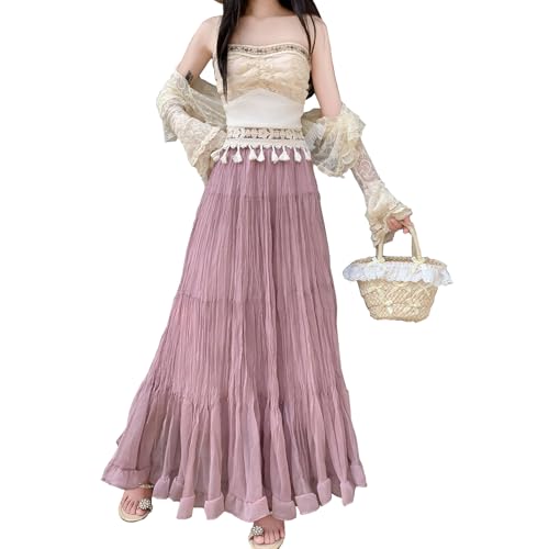 Rock Damen Lang Hohe Taille Niedlicher Röcke Elegant A-Linie Schichtung Boho Fließende Maxirock Rosa L von BiilyLi