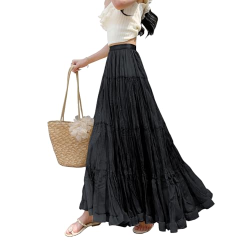 Rock Damen Lang Hohe Taille Niedlicher Röcke Elegant A-Linie Schichtung Boho Fließende Maxirock Schwarz L von BiilyLi