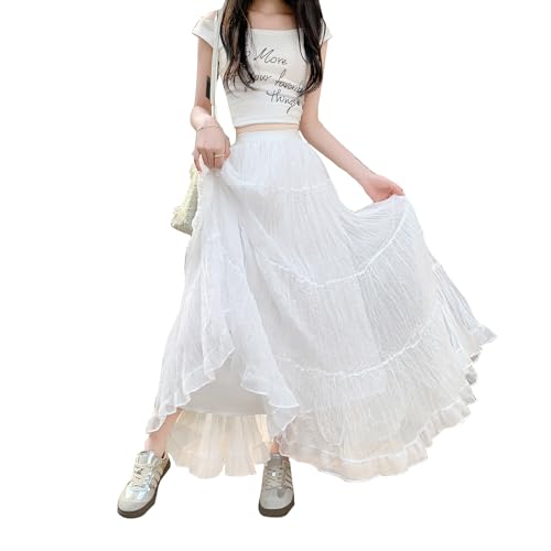 Rock Damen Lang Hohe Taille Niedlicher Röcke Elegant A-Linie Schichtung Boho Fließende Maxirock Weiß M von BiilyLi