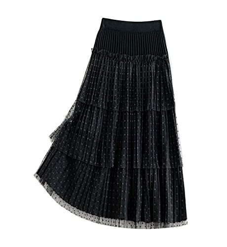 Rock Damen Lange Winterrock Hohe Taille Elegant Tüll Geschichteter Kuchenrock Strickrock Warm Casual Maxirock A-Linie Faltenrock Black -L von BiilyLi