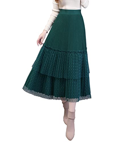 Rock Damen Lange Winterrock Hohe Taille Elegant Tüll Geschichteter Kuchenrock Strickrock Warm Casual Maxirock A-Linie Faltenrock Green -XL von BiilyLi