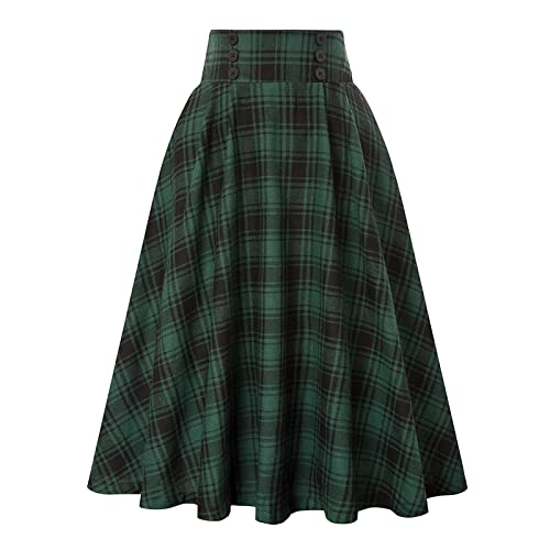 Rock Damen Vintage Elegant Kariert Lange Rock Hohe Taille A-Linie Plaid Retro Elastische Taille Casual Midi Faltenrock Grau -L von BiilyLi