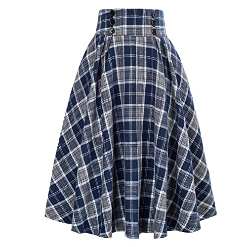 Rock Damen Vintage Elegant Kariert Lange Rock Hohe Taille A-Linie Plaid Retro Elastische Taille Casual Midi Faltenrock Grau -M von BiilyLi