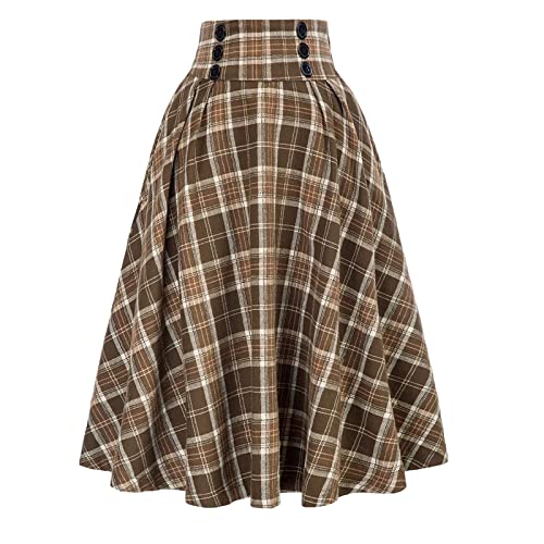 Rock Damen Vintage Elegant Kariert Lange Rock Hohe Taille A-Linie Plaid Retro Elastische Taille Casual Midi Faltenrock Grau -M von BiilyLi