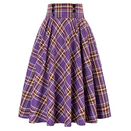 Rock Damen Vintage Elegant Kariert Lange Rock Hohe Taille A-Linie Plaid Retro Elastische Taille Casual Midi Faltenrock Grau -M von BiilyLi