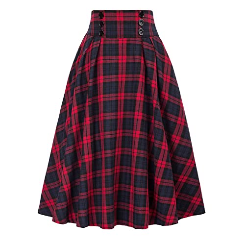 Rock Damen Vintage Elegant Kariert Lange Rock Hohe Taille A-Linie Plaid Retro Elastische Taille Casual Midi Faltenrock Grau -M von BiilyLi