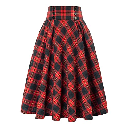 Rock Damen Vintage Elegant Kariert Lange Rock Hohe Taille A-Linie Plaid Retro Elastische Taille Casual Midi Faltenrock Grau -M von BiilyLi