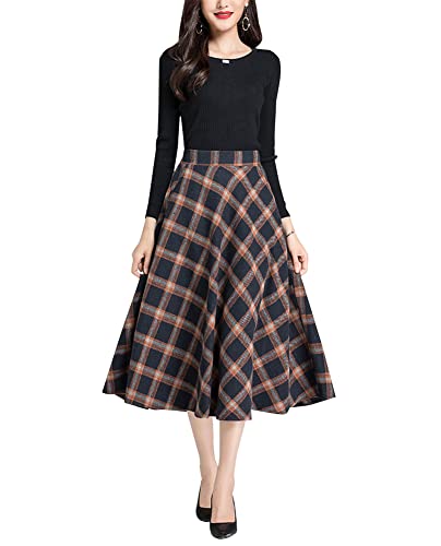 Rock Lange Damen Winter Hohe Taille Plaid Elegant Elastische Taille Warm Casual Party Midi A-Linie röcke Retro Faltenrock Braun -M von BiilyLi