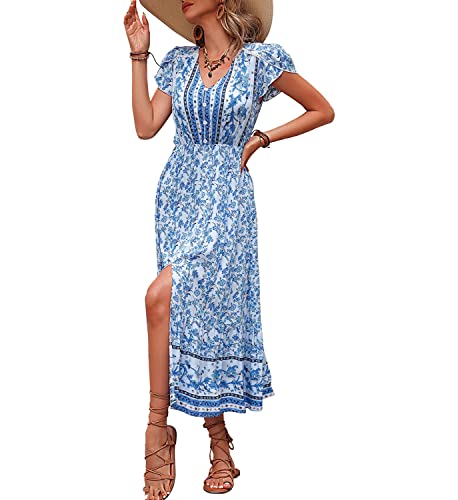 Sommerkleid Damen Sexy V-Ausschnitt Kurzarm Split Lange Freizeitkleid Elegant Bedrucktes Feiertag Boho Maxi Strandkleid Blue M von BiilyLi