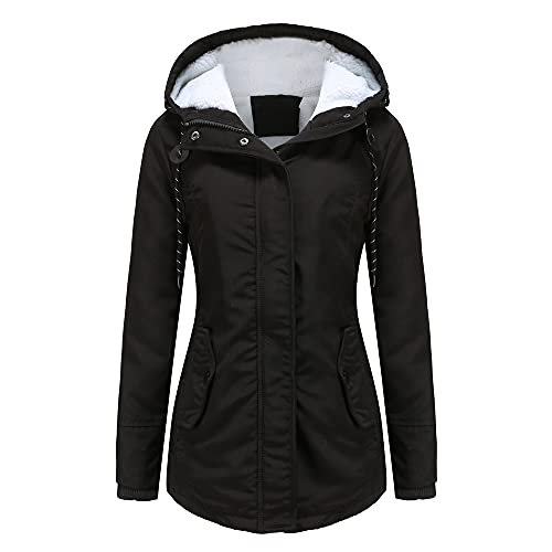 Biilyli Wintermantel Damen Warm Gefüttert Kapuzenmantel Elegant Winterparka Winterjacke Casual Lange Ärmel Mittellang Trenchcoat Black S von Biilyli