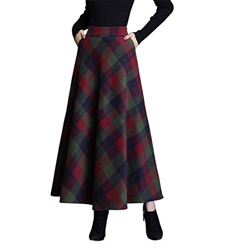 Rock Damen Lang Elegant Kariert Winterrock Wollrock Hohe Taille Maxirock A-Linie röcke Herbst Faltenrock Grün XL von BiilyLi