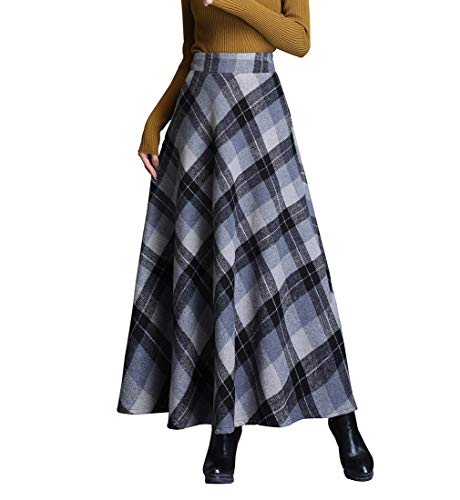 Rock Damen Lang Elegant Kariert Winterrock Wollrock Hohe Taille Maxirock A-Linie röcke Herbst Faltenrock Grau S von BiilyLi