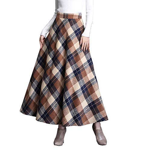 Rock Damen Lang Elegant Kariert Winterrock Wollrock Hohe Taille Maxirock A-Linie röcke Herbst Faltenrock Khaki S von BiilyLi