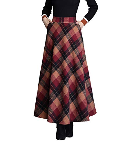 Rock Damen Lang Elegant Kariert Winterrock Wollrock Hohe Taille Maxirock A-Linie röcke Herbst Faltenrock Rot XXL von BiilyLi