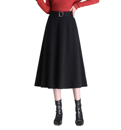 Damen Vintage Wollrock hohe Taille Midi Rock Warm Winterrock A-Linie röcke Elegant Faltenrock Black XL von BiilyLi