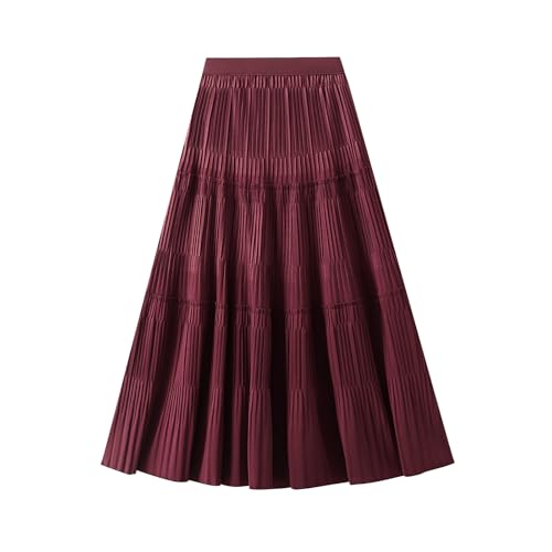 Rock Lang Damen Hohe Taille Faltenrock Maxirock Elegant Winterrock A-Linie Midirock Businessrock Wine red XXL von Biilyli