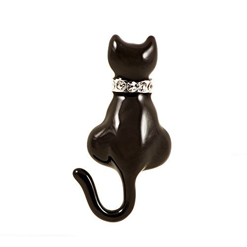 Damen-Brosche Katze Schwarz Emaille Kristalle Messing Versilbert 4,5 cm von ba bijou-art