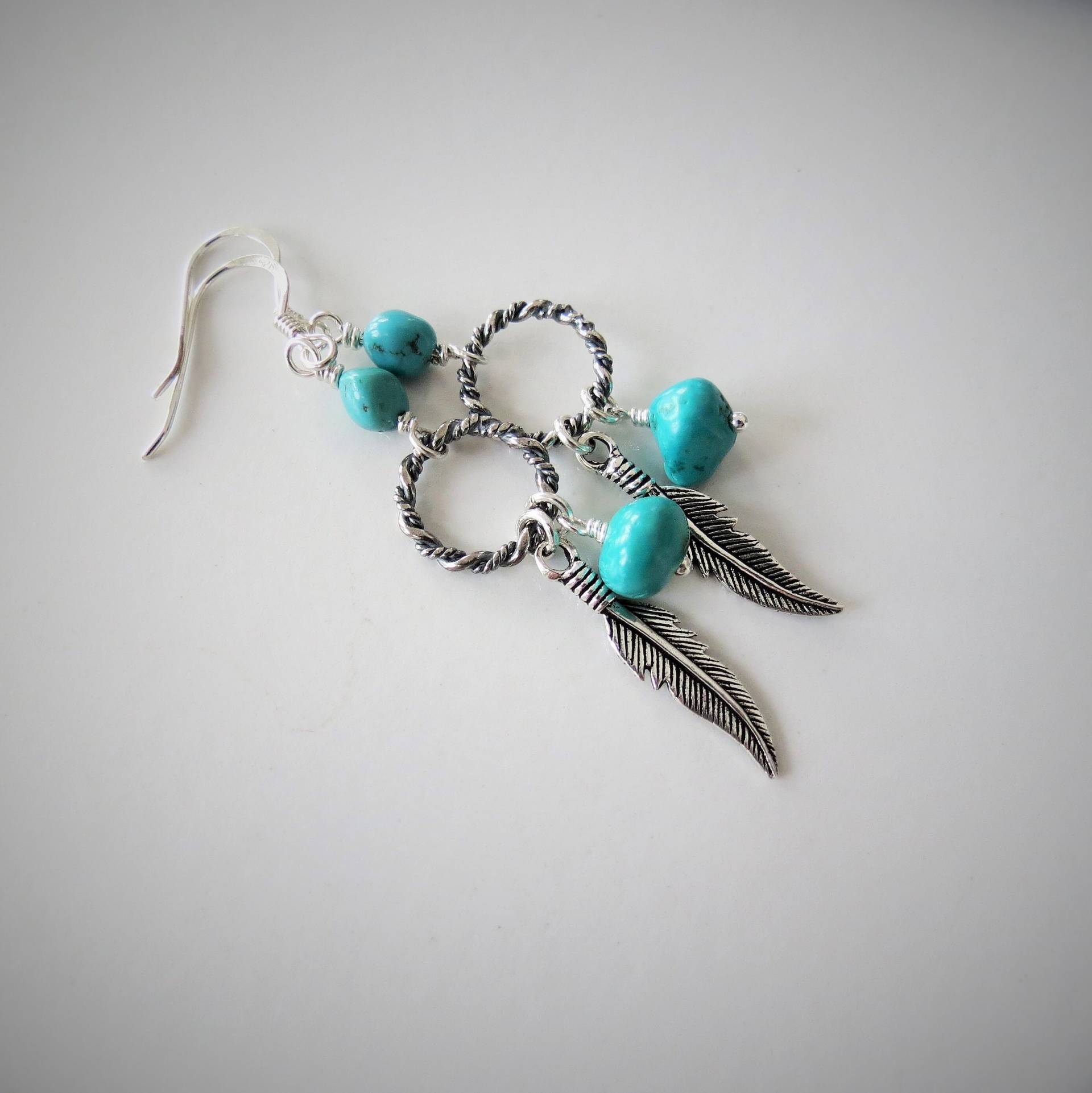 Hubei Türkis-Nuggets, Ohrringe, Haken Und Ringe Aus Sterlingsilber, Bali, Feder, Blatt, Natürlicher Schutzstein von Bijoubicou