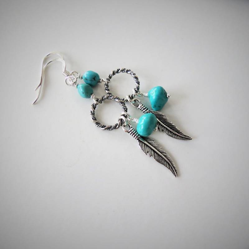 Hubei Türkis-Nuggets, Ohrringe, Haken Und Ringe Aus Sterlingsilber, Bali, Feder, Blatt, Natürlicher Schutzstein von Bijoubicou