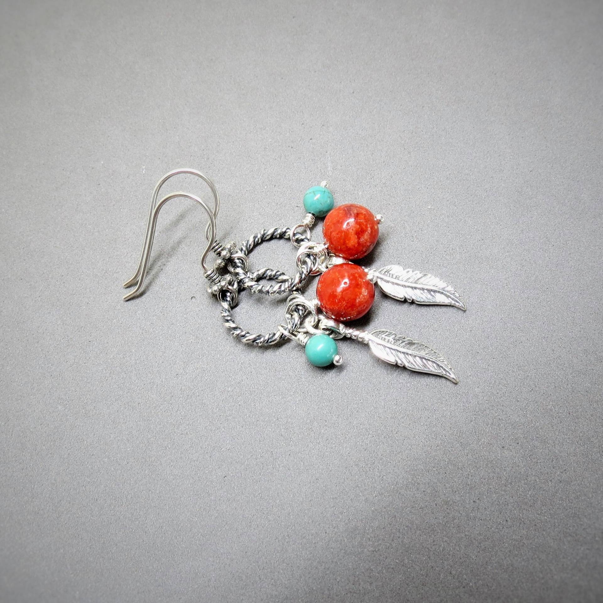 Türkis, Koralle Schwamm, Ohrringe, Haken Und Ringe Aus Sterling Silber, Bali, Feder, Blatt, Naturstein von Bijoubicou