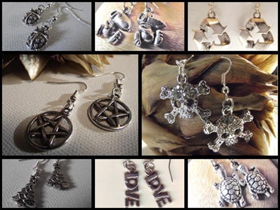 Silberne Metallohrringe Verschiedene Silberne Metallmotive Schildkröte Marienkäfer Snoopy Totenkopf Recycling Tanne Liebe Stern von BijouxBoutonsTrieux