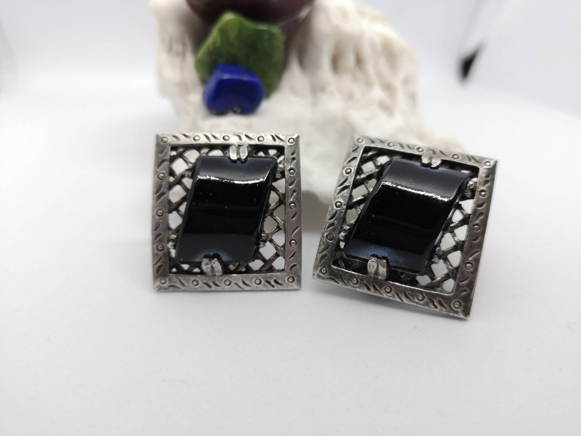 Clips Vintage Schönes Graviertes Metall Und Halbedelstein Schwarz Blau Inspirierende Gothic Vintage Classic Chic Retro Bizoucarcajou von BijouxCarcajou