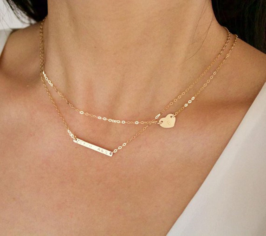 Personalisierte Bar Und Herz Halskette Sterling Silber, Gold Filled Personalisierte Bar Und Herz Halskette Sterling Silber, Gold Filled von BijouxMEE