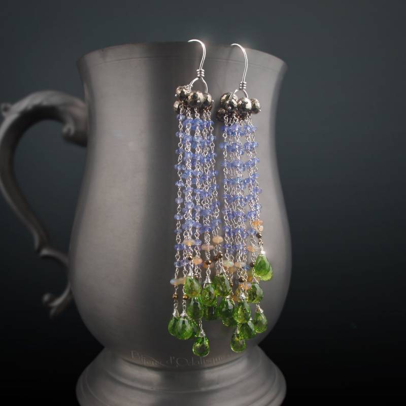 Custom Auf Bestellung - Sterling Silber Lange Quaste Ohrringe Mit Tanzanit, Peridot, Opal Und Pyrit von BijouxOdalisque
