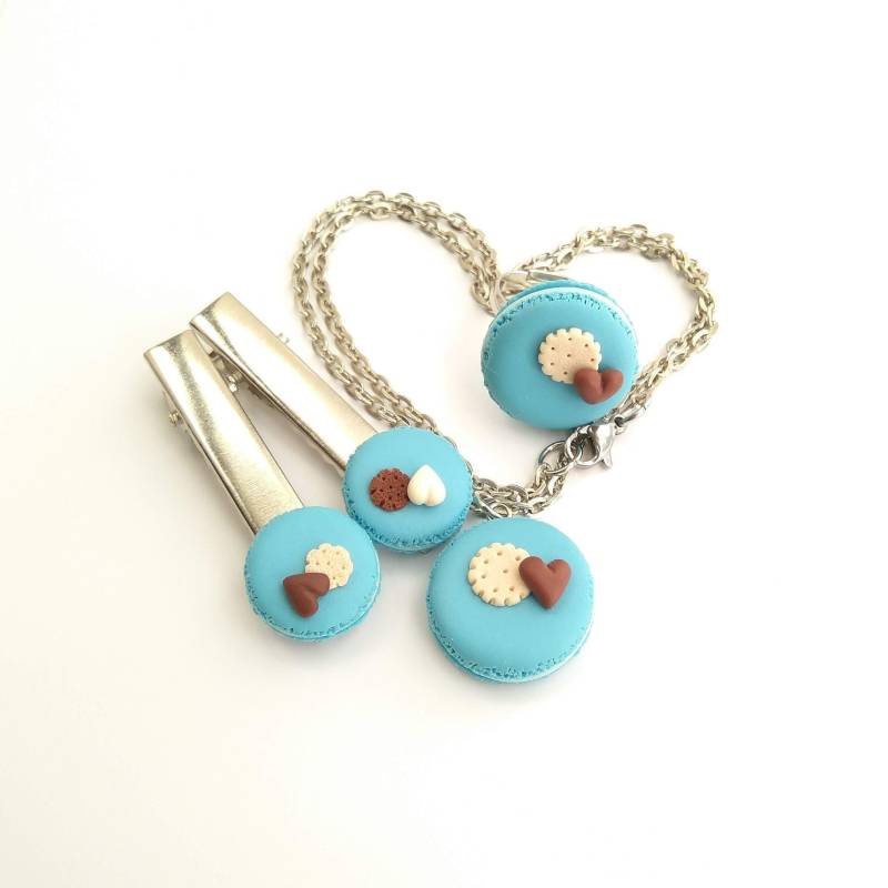 Blaue Macaron Schmuck Set, Miniatur Essen Halskette Ring Und Haar Clip, Laduree Süßigkeiten Geschenk von BijouxRI